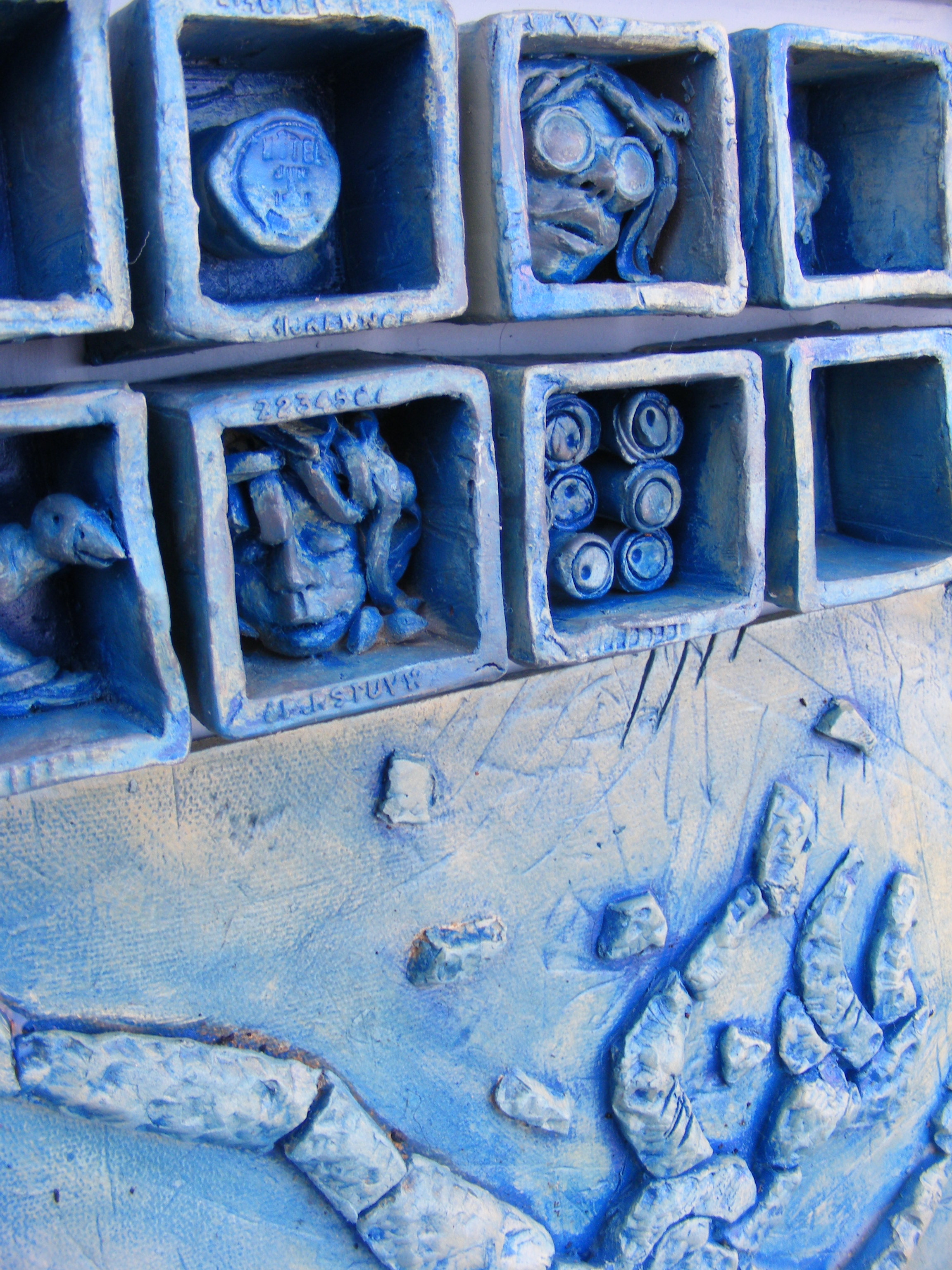 Jim Olson Blue Boxes with Faces Sculpture